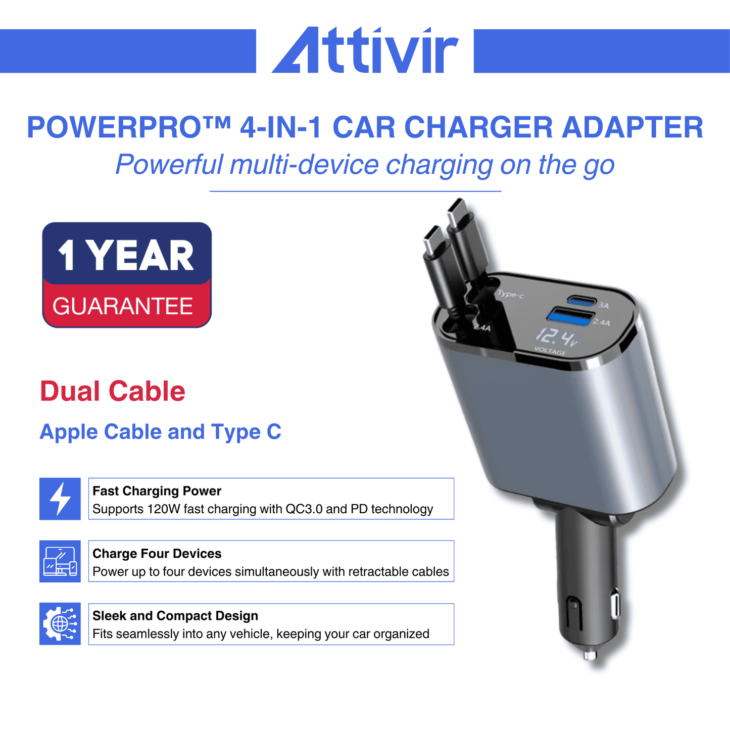 PowerPro™ 4-in-1 Car Charger Adapter